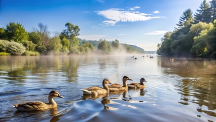 Ducks Swimming in a Foggy River on a Sunny Day