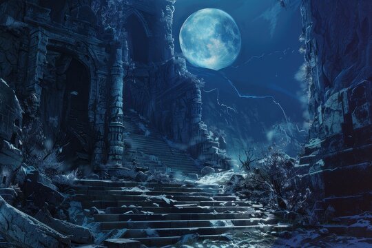 Ancient temple ruins under a full moon