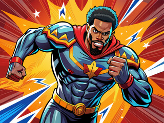 Pop art comic book style super hero punching with male superhero costume poster design wall decoration.