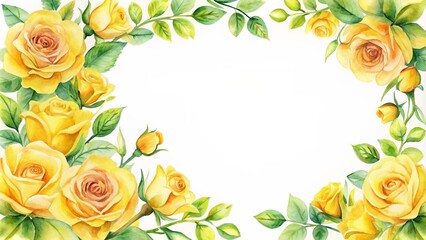 Watercolor frame with symmetrical yellow rose flowers in the corner border, delicate, rose, frame, hand-drawn, border, artwork, elegant, vibrant,yellow, painting, decoration, symmetrical