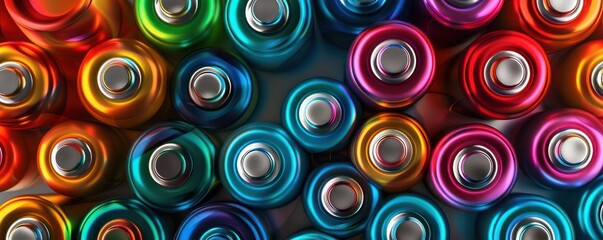Multicolor battery cells arranged in an intricate pattern, captured from the top, showcasing their vibrant colors and metallic shine.