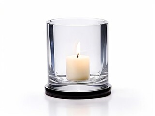 A lit white candle inside a clear, faceted glass holder casts a warm glow against a soft grey background, exuding elegance. AI generated.