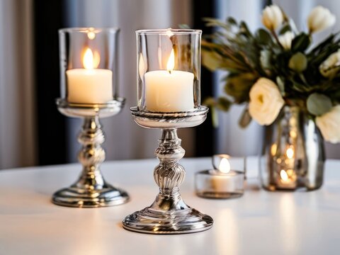 Two elegant silver candlesticks with white candles stand symmetrically on a reflective surface, showcasing a timeless and classic design. AI generated.