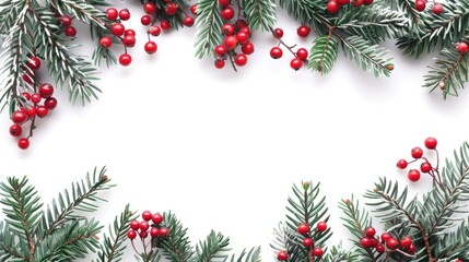 Christmas Border with Tree Branches and Berries on White Background