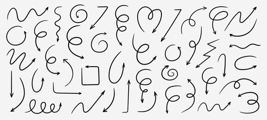 Arrow vector sketch icons set.  Swirl arrow doodle sign. Vector illustration.