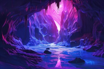 Glowing Purple Crystal Cave with River