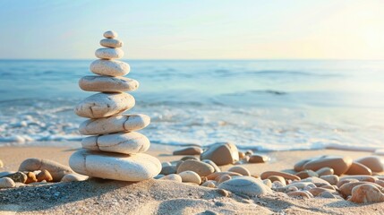 Stones piled on pretty beach room for text
