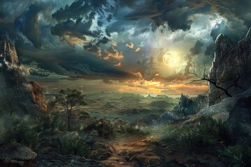 Mysterious landscape with a bright moon and dark clouds