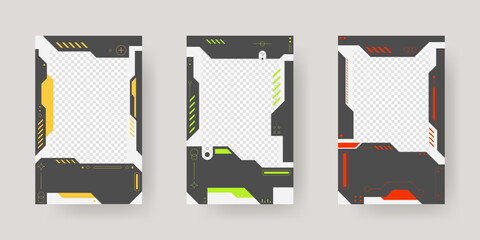 Abstract sci-fi frame. Hud interface design style. Digital futuristic frame element. Cyberpunk style. Design for banner, card, player card game, background. © 7AM