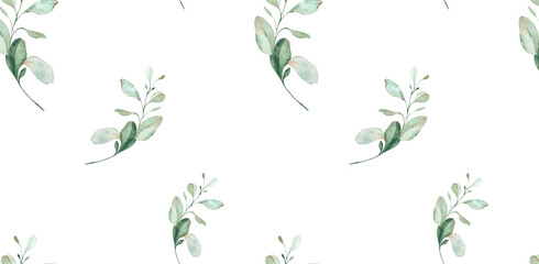 Seamless Pattern Delicate Eucalyptus Branches and Herbs. Watercolor Illustration in Blue Turquoise Tones. Design Elements for Cards, Invitations, Flyers, Posters, Home Textiles, Stationery