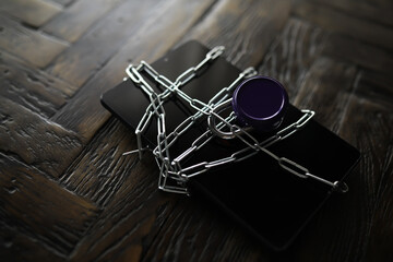 Smartphone Security Concept: Mobile Device Locked with Chain and Padlock on Wooden Table