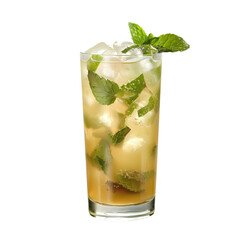 A tall glass filled with a chilled minty drink, featuring fresh mint leaves and ice cubes, captures the essence of summer refreshment and relaxation
