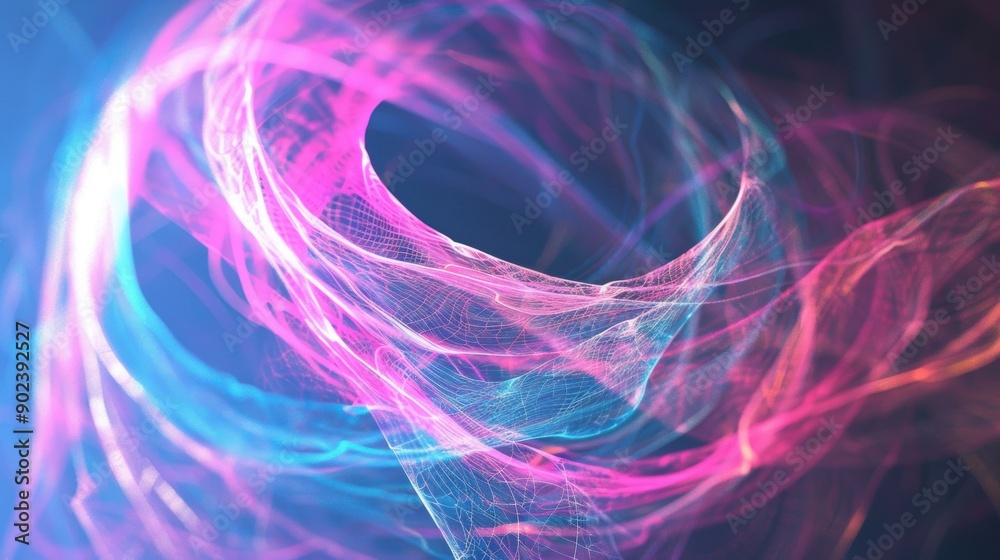 Poster swirling lines in shades of purple and blue form dynamic patterns, creating a captivating display of