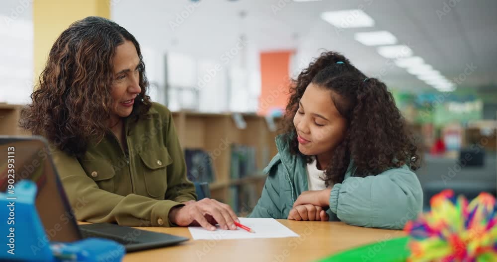 Poster Student, mentor and library with elearning help, explain and teacher with child development and growth. Writing, tutor and listening at school with education, communication and campus learning