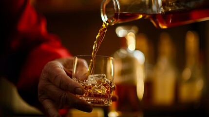 A person pouring whiskey into a glass with ice cubes