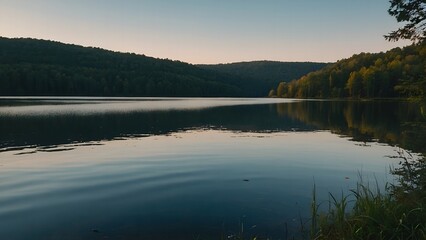 Fototapeta premium A picturesque lake view with reflections of a vibrant winter twilight