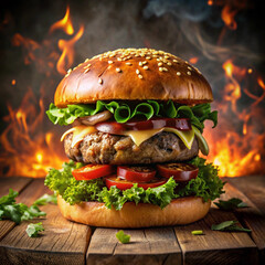 Mexican Cheeseburger with beef, lettuce, tomato, cheese, with fire background