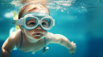 Fototapeta premium Underwater Young kid Fun in the Swimming Pool with Goggles. Summer Vacation Fun.