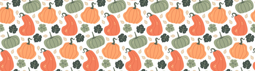Autumn pumpkin pattern. Fall season vegetables background. 