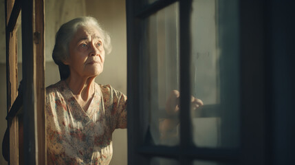lonely old woman looks out the window