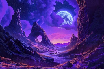 Mystical landscape with rock formations under starry night sky and large moon