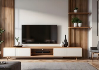Modern TV stand with shelves and a TV over on the wall of glossy panenley beige color. Bedroom with an armchair and TV stand. 3d rendering
