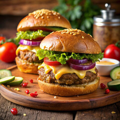 A Cheeseburger with beef, lettuce, tomato, cheese, cucumber with beautiful background
