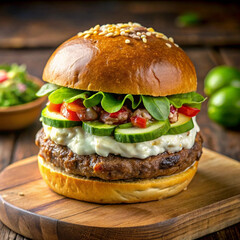 Mexican Cheeseburger with beef, lettuce, tomato, cheese, cucumber with beautiful background