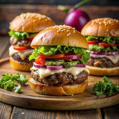 Mexican Cheeseburger with beef, lettuce, tomato, cheese, cucumber with beautiful background