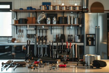 Realistic view of a plumber&acirc;&euro;&trade;s equipment and tools arranged in a kitchen, highlighting the preparation and professionalism in plumbing services.