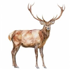 Obraz premium Watercolor painting of a majestic stag with antlers, on isolated white background, Generative AI