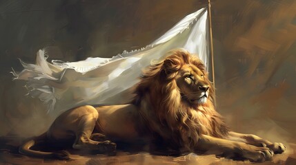 Obraz premium Lion Holding White Flag: A powerful lion lying down, gently holding a white flag with its mouth. 