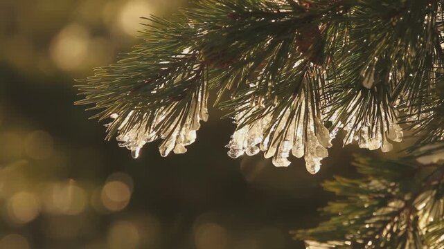 Ice on pine aciculae at winter sunset