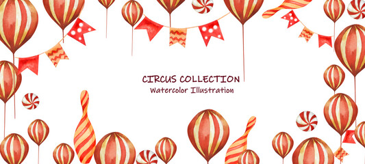 Vintage Circus Theme Frame. Striped Red Beige Balloons and Pennants. Watercolor Illustration. In Red Beige Tones. For Postcards, Invitations, Children's Clothing, Accessories