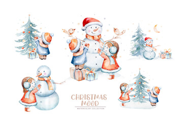 Watercolor set.Christmas snowmen. Cute illustration with fabulous funny characters, stars, sweets and gifts. Hand-drawn characters isolated on a white background for wrappers, cards