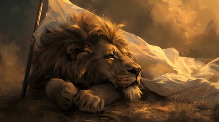 Lion Holding White Flag: A powerful lion lying down, gently holding a white flag with its mouth.
