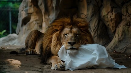 Obraz premium Lion Holding White Flag: A powerful lion lying down, gently holding a white flag with its mouth. 