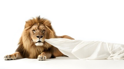 Lion Holding White Flag: A powerful lion lying down, gently holding a white flag with its mouth.
