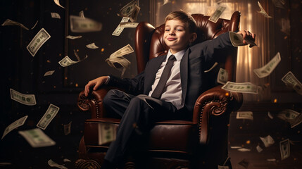 A rich boy on a chair and holds a bundle of dollars in his hands. Knowing how to make money. Money rain