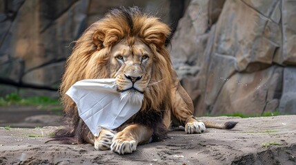 Lion Holding White Flag: A powerful lion lying down, gently holding a white flag with its mouth.
