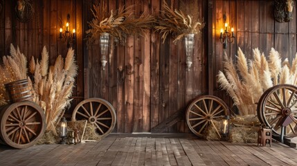 backdrop western house barn with straw and wooden wheels, vintage decor, vintage laterns, pampas grass