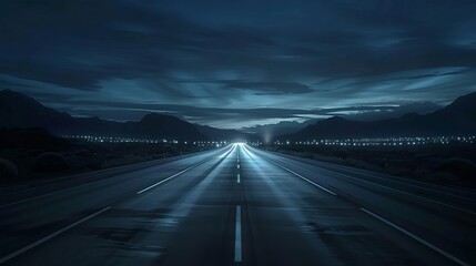 Obraz premium A serene, empty highway at night, leading into distant mountains beneath a dramatic, cloudy sky, illuminated by soft, blue lighting.
