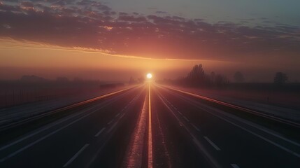 Sunset over an empty highway with a stunning sky, capturing the serenity and beauty of a peaceful evening drive.