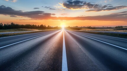 Sunset over a quiet highway, stretching into the horizon with beautiful, colorful skies and a peaceful countryside landscape.