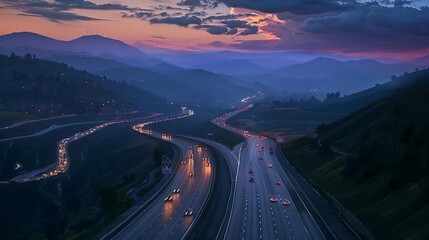 Stunning view of a winding highway through hilly terrain at sunset with dramatic clouds and colorful sky, showcasing nature and infrastructure.