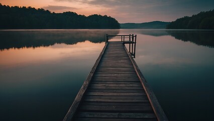 Naklejka premium The serene essence of the lake captured in the warm hues of a fall twilight