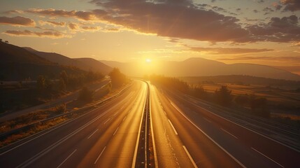 Fototapeta premium A scenic highway stretching into the horizon, illuminated by a golden sunset over a tranquil landscape with mountains and clouds.