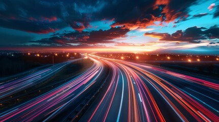 Fototapeta premium Blurred light trails on a highway against a dramatic sunset sky, symbolizing speed, motion, and urban life.