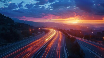 Stunning sunset over a busy highway with light trails from speeding cars, depicting a beautiful blend of nature and urban life.