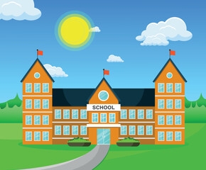 Naklejka premium School building on the background of the summer landscape. Vector illustration.